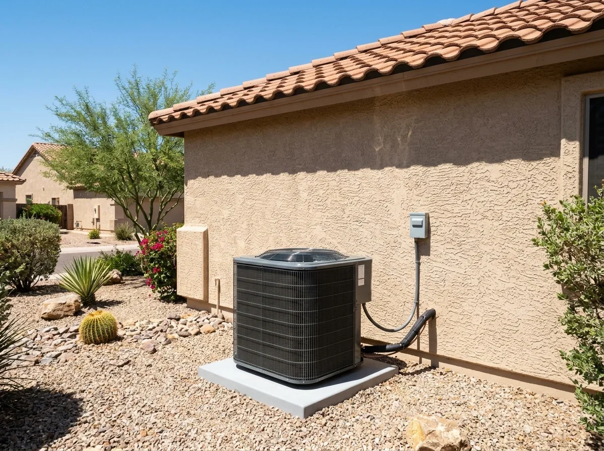 Outdoor air conditioner condenser beside a house wall