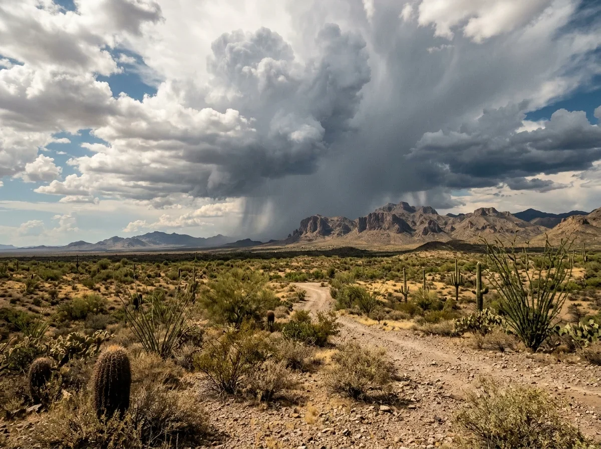 Thunderstorm clouds over a desert mountain range