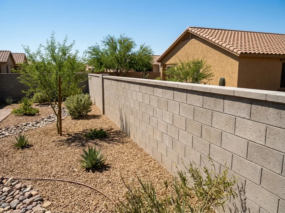 Concrete block wall along a backyard