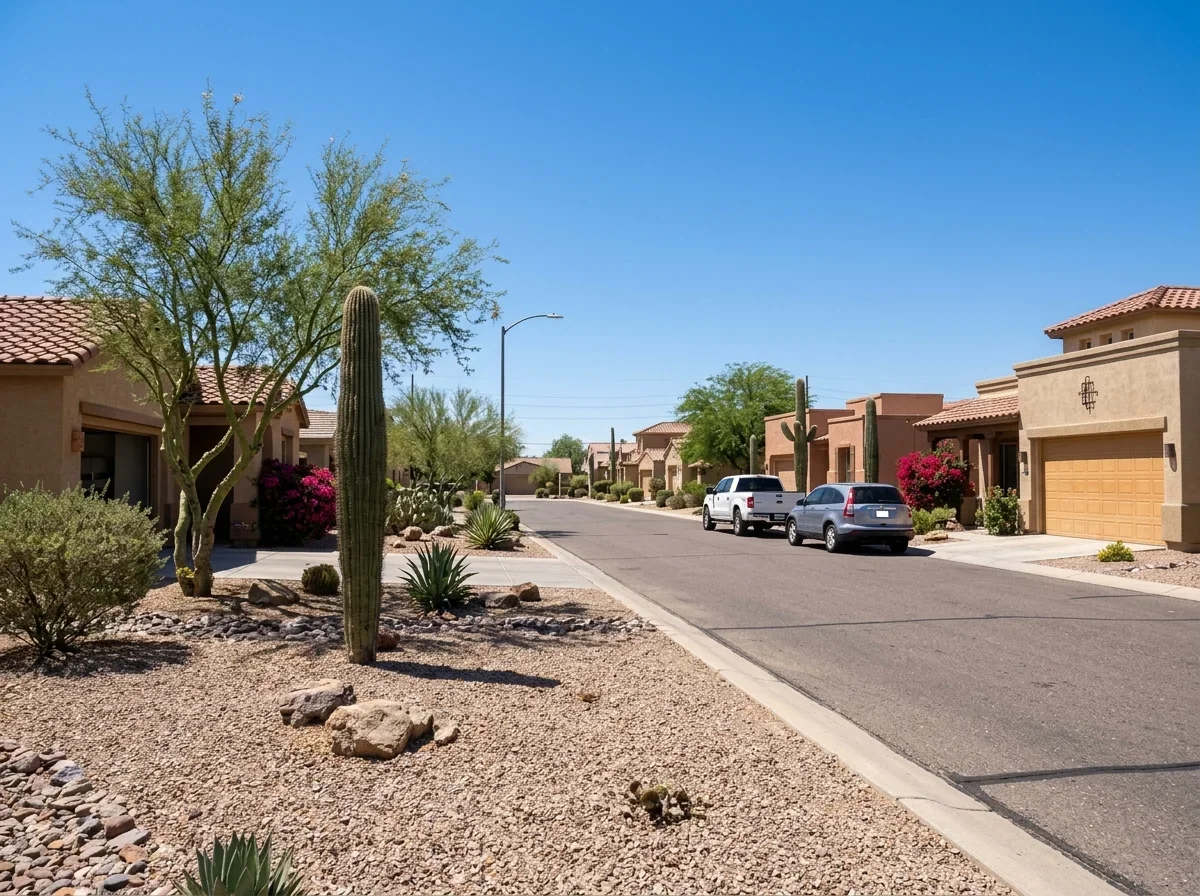 Desert neighborhood street under a clear sky