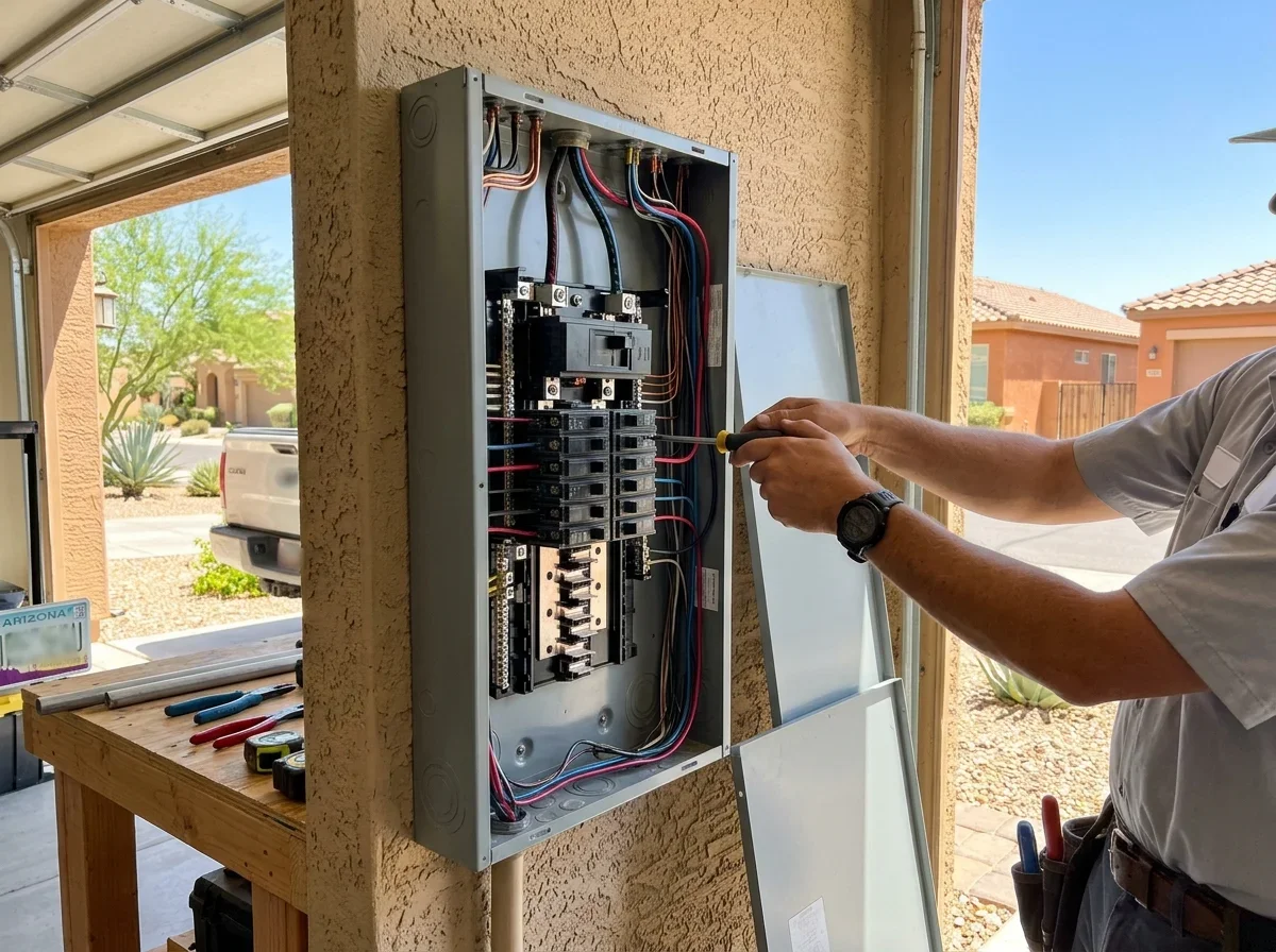 Open residential electrical panel on a garage wall