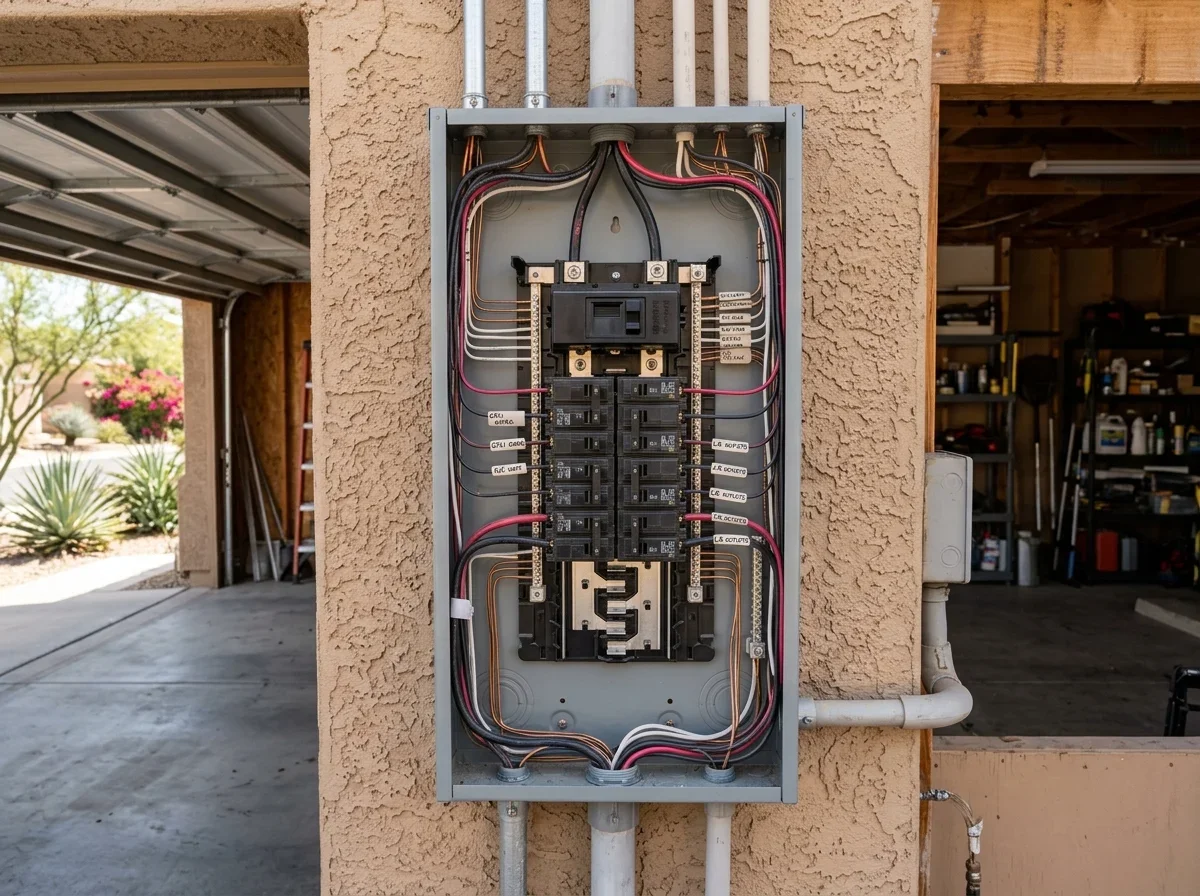 Open residential electrical panel on a garage wall