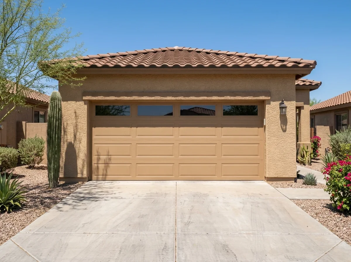 Garage door on a stucco home in daylight