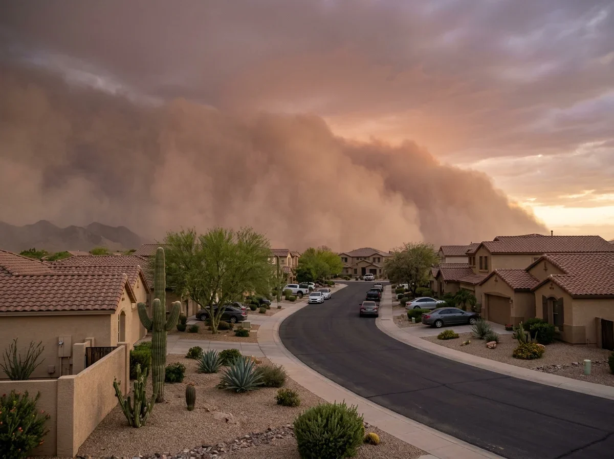 Wall of dust approaching homes in a desert valley