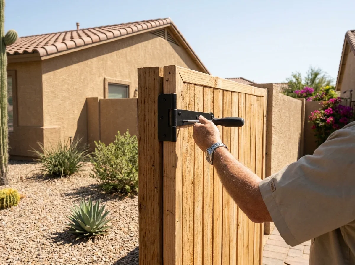 Handyman repairing a wooden backyard gate hinge
