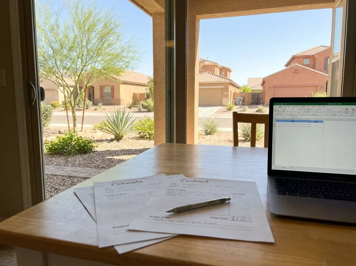 Homeowner reviewing a contract at a kitchen table