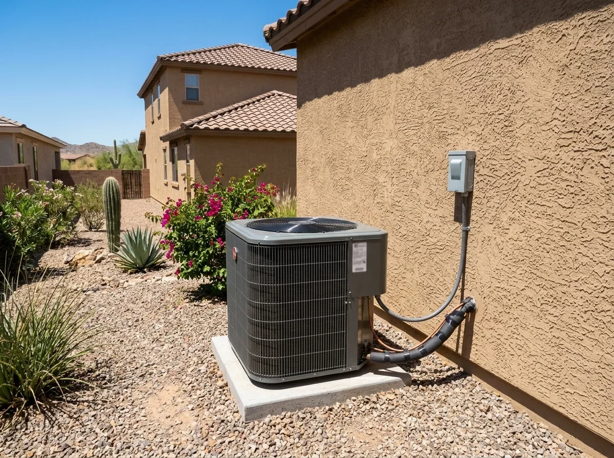 Outdoor air conditioner unit beside a stucco house