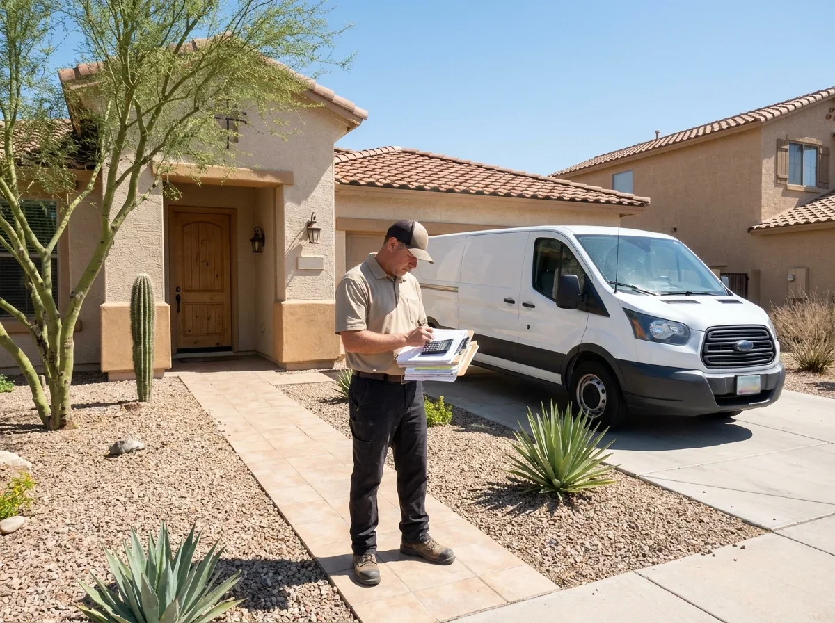 Contractor reviewing paperwork outside a house
