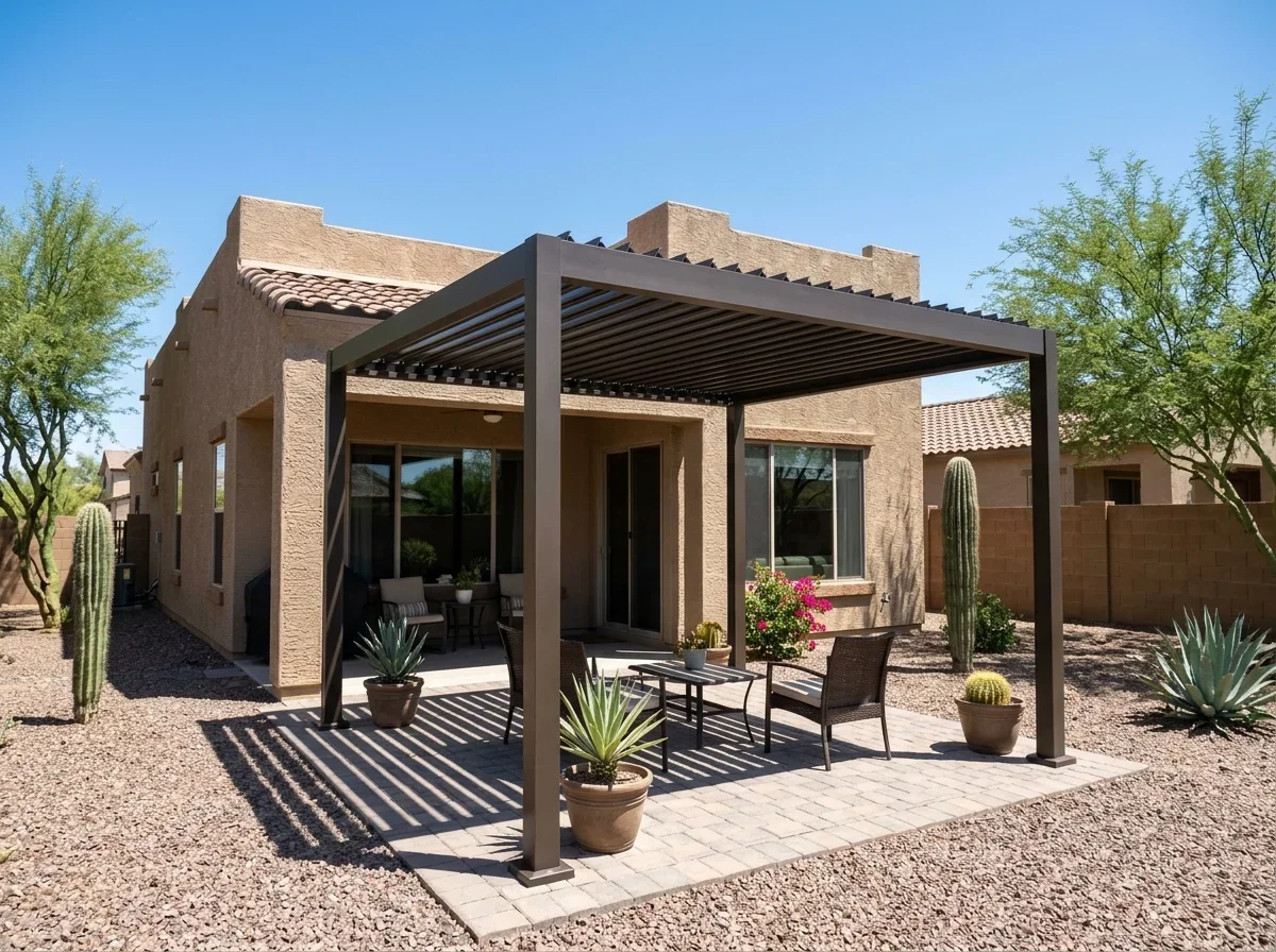 Patio cover over a backyard seating area
