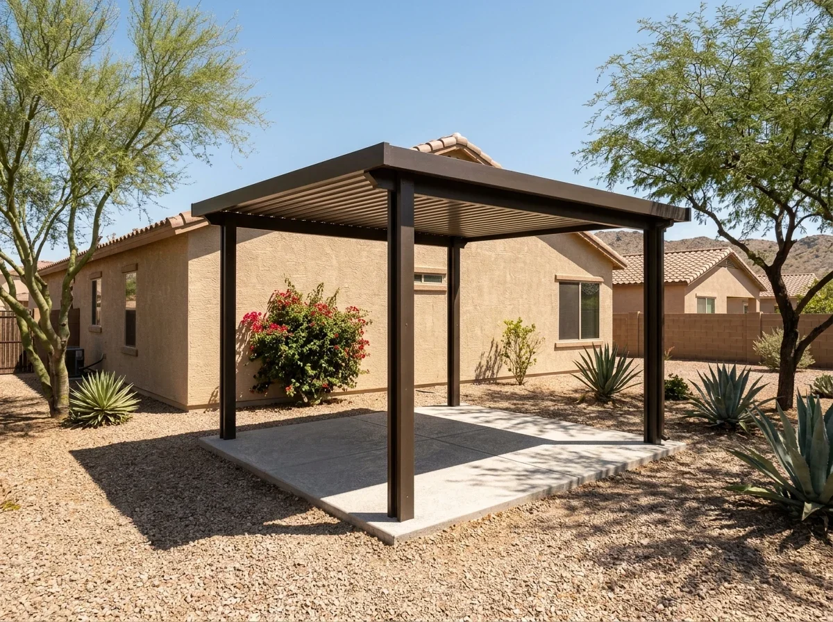 Metal patio cover over a backyard patio