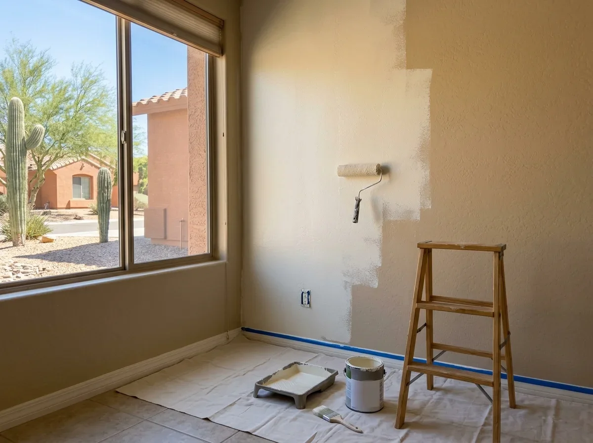 Person painting an interior wall with a roller