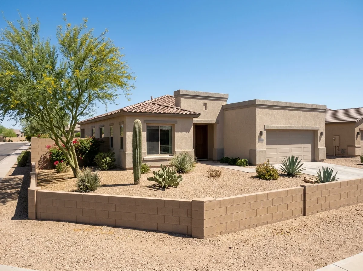 Single-story desert home with a block wall