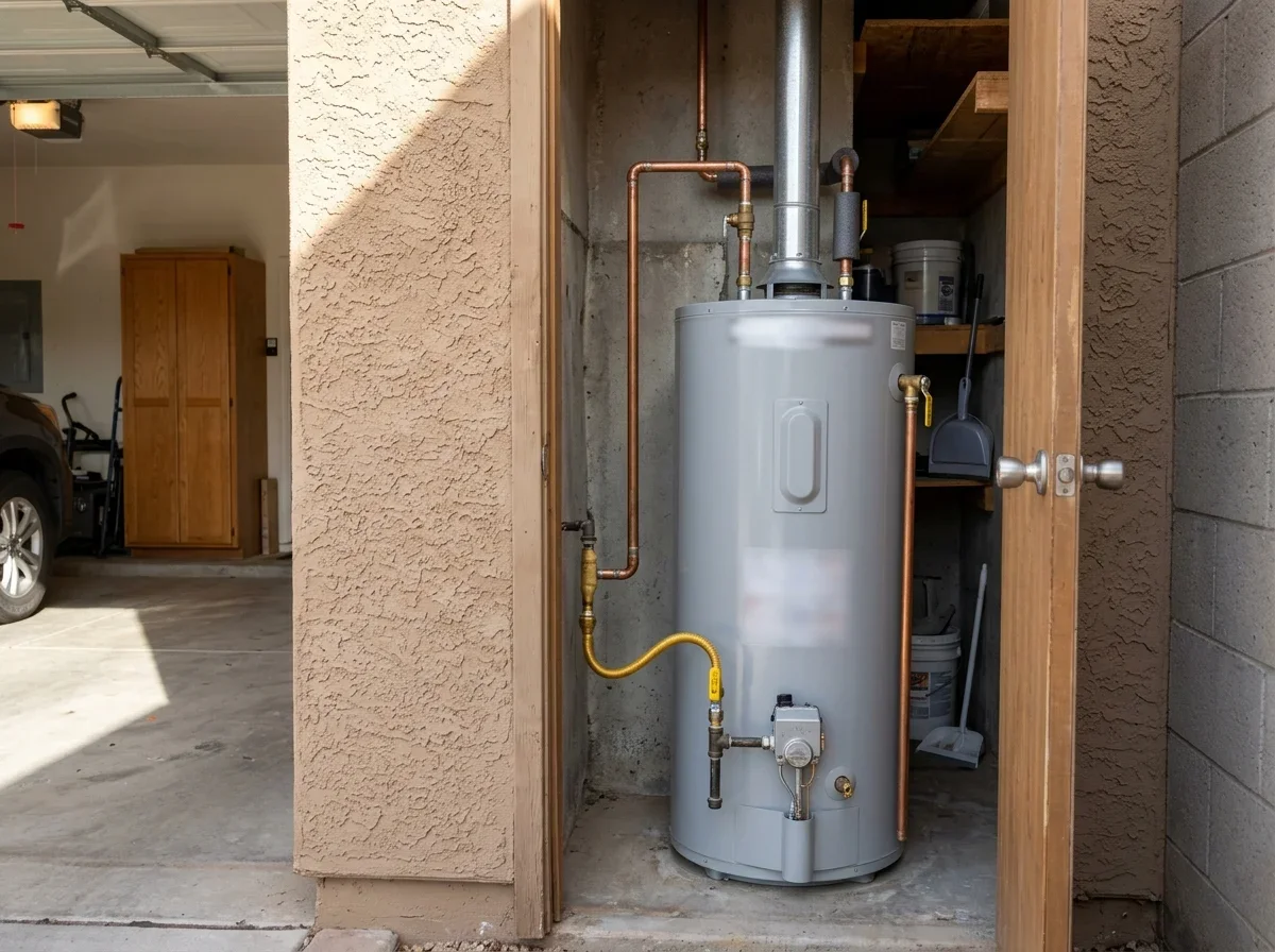 Tank-style water heater in a home utility closet
