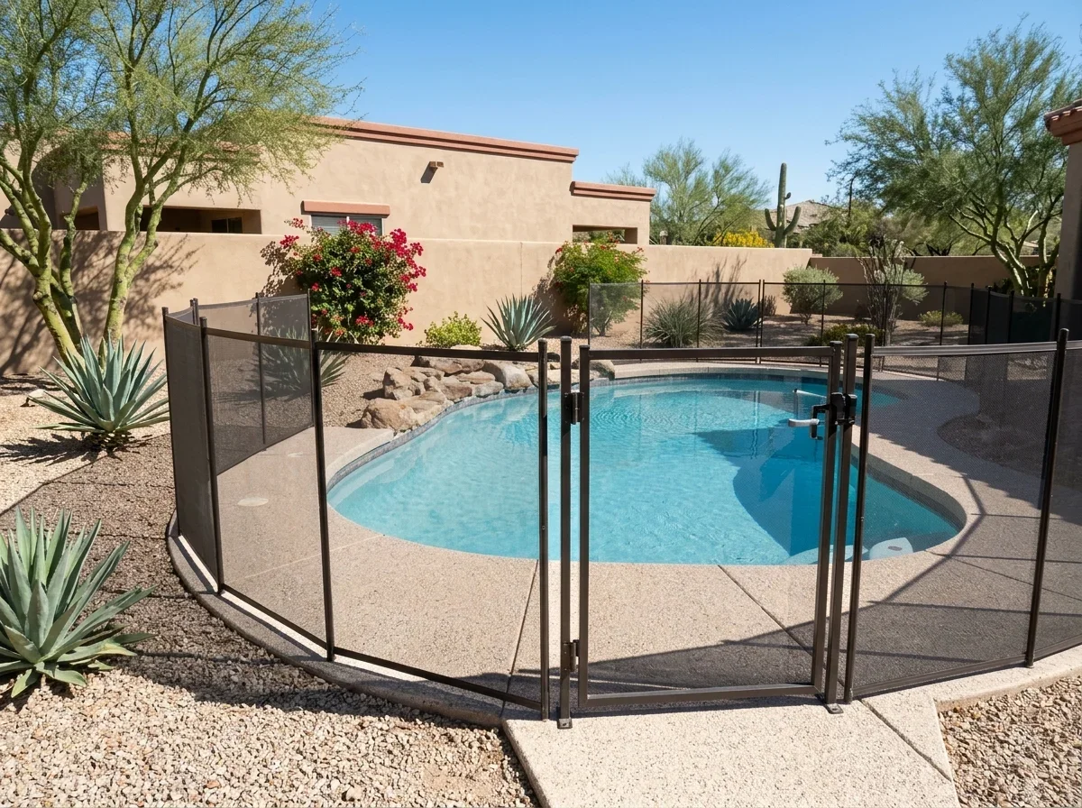 Backyard pool surrounded by a fence with a closed gate