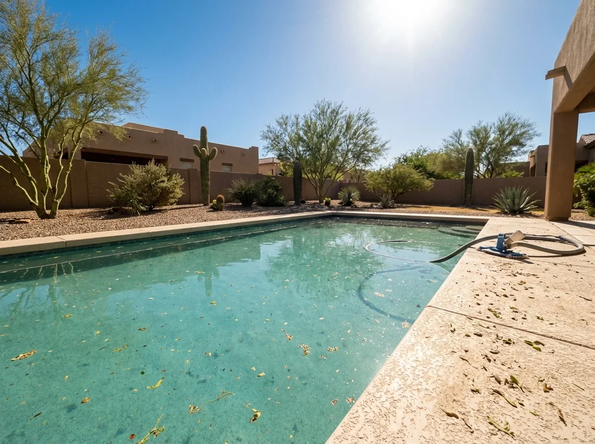 Backyard pool covered in dust and leaves after a storm