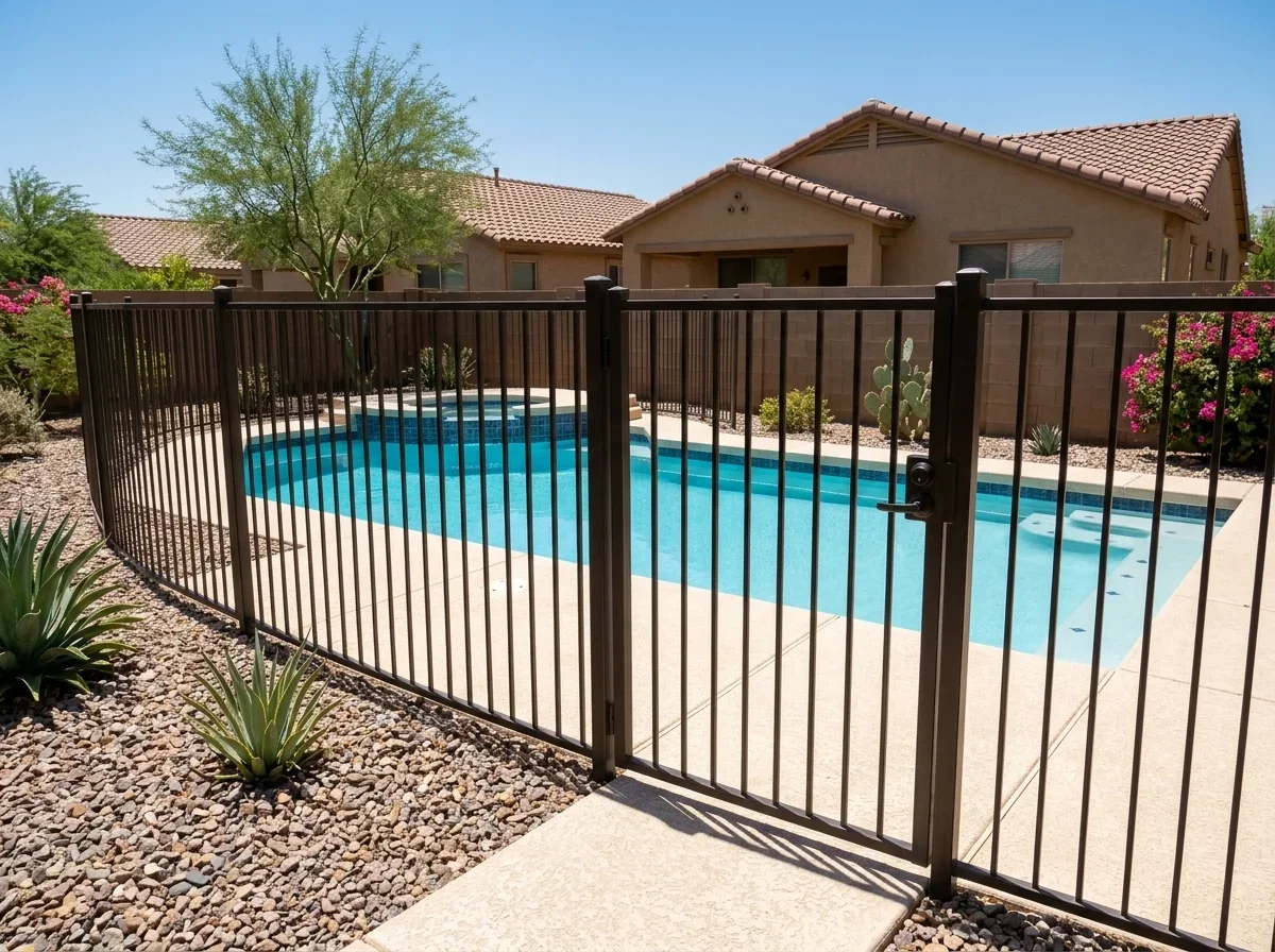Backyard pool enclosed by a fence with a gate