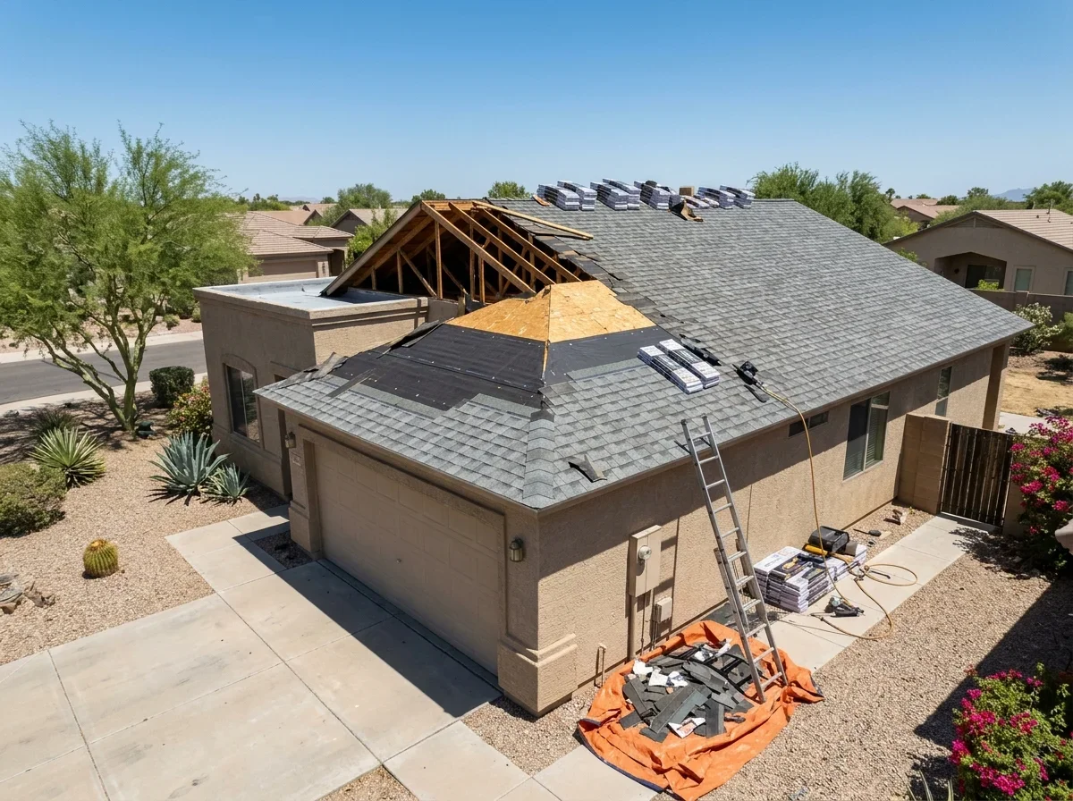 House roof partly stripped of old shingles during re-roofing