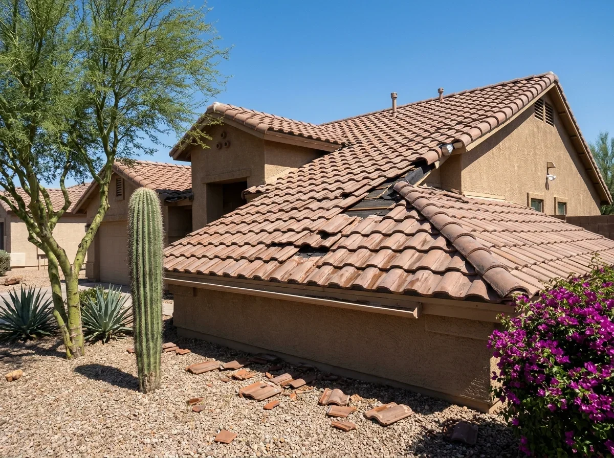 Tile roof with shifted tiles after a storm