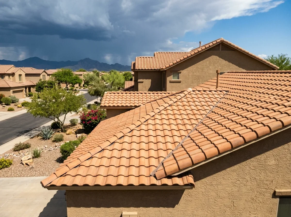 Tile roof under strong sun with storm clouds behind