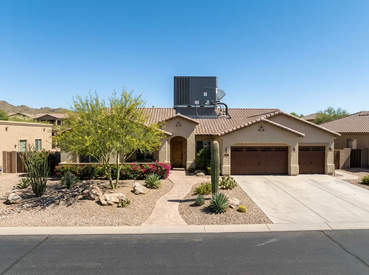 Desert-style home with rooftop AC unit