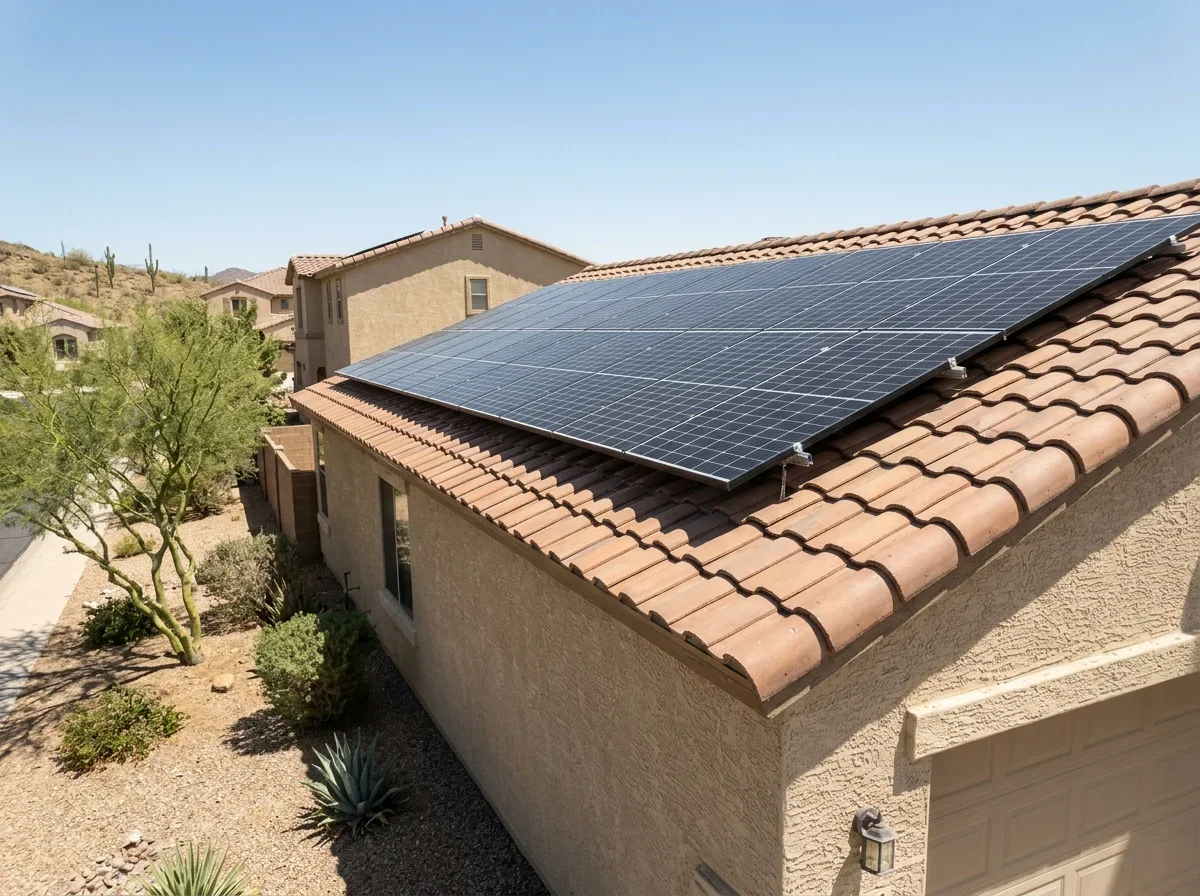 Rooftop solar array under bright sun