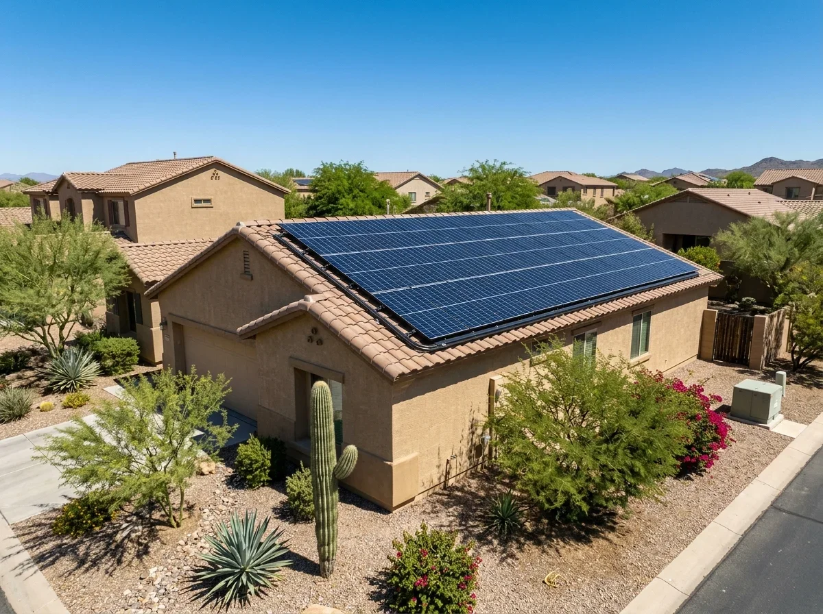 Rooftop solar panels on a desert-area home