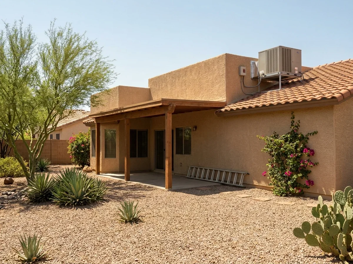 Desert home with rooftop AC unit and covered patio