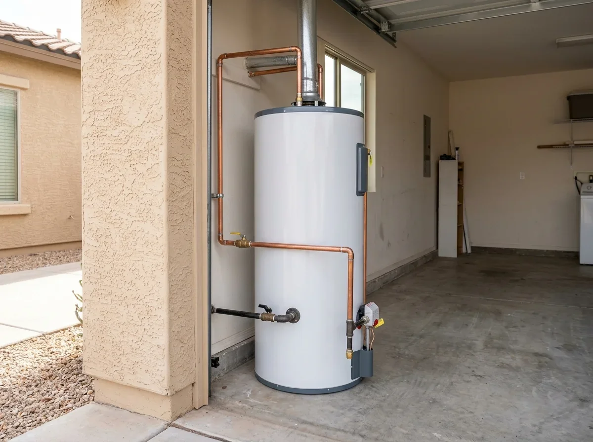 Tank water heater installed in a garage utility area